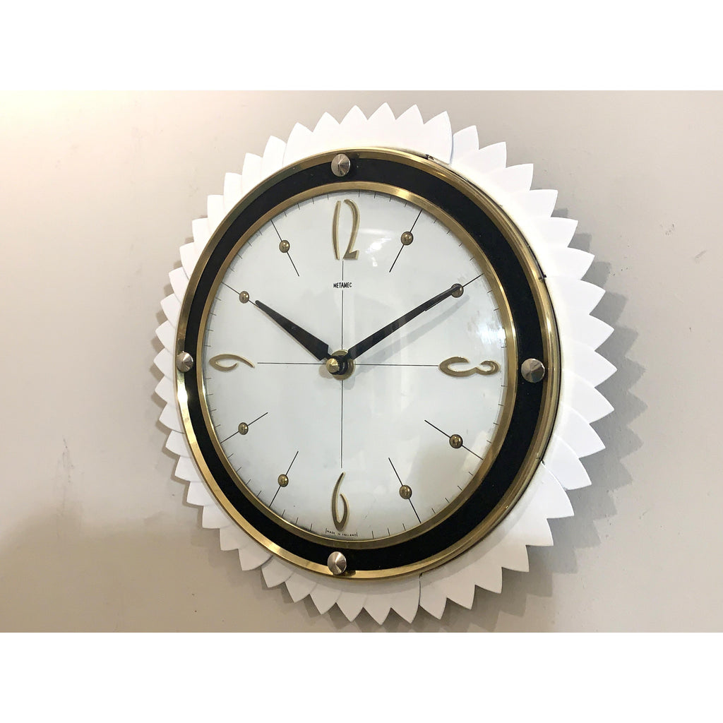 Metamec Starburst Wall Clock Rare White Gold Bakelite Vintage 50s 60s