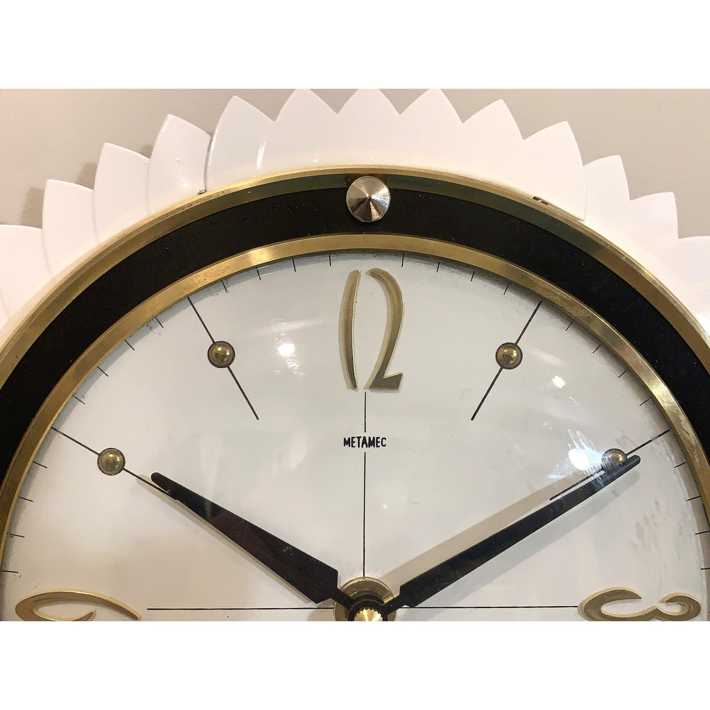 Metamec Starburst Wall Clock Rare White Gold Bakelite Vintage 50s 60s