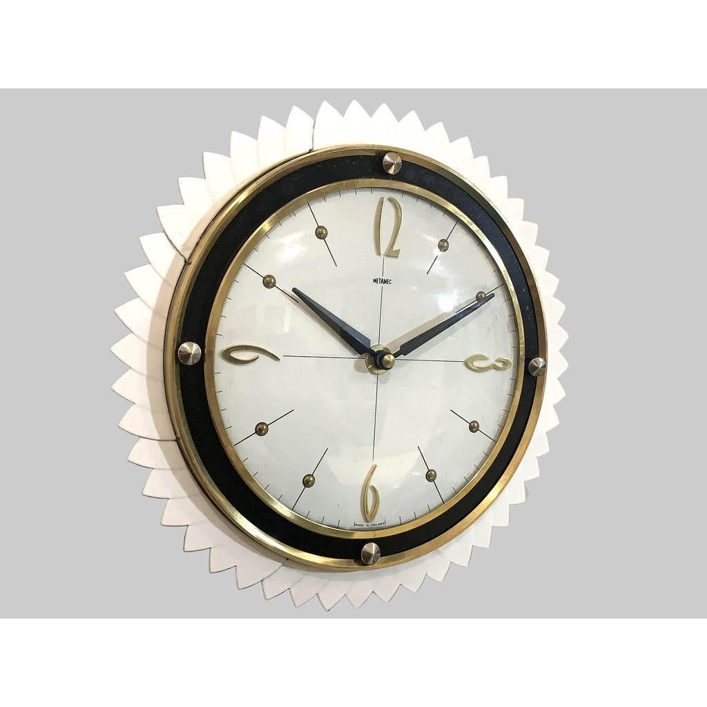 Metamec Starburst Wall Clock Rare White Gold Bakelite Vintage 50s 60s