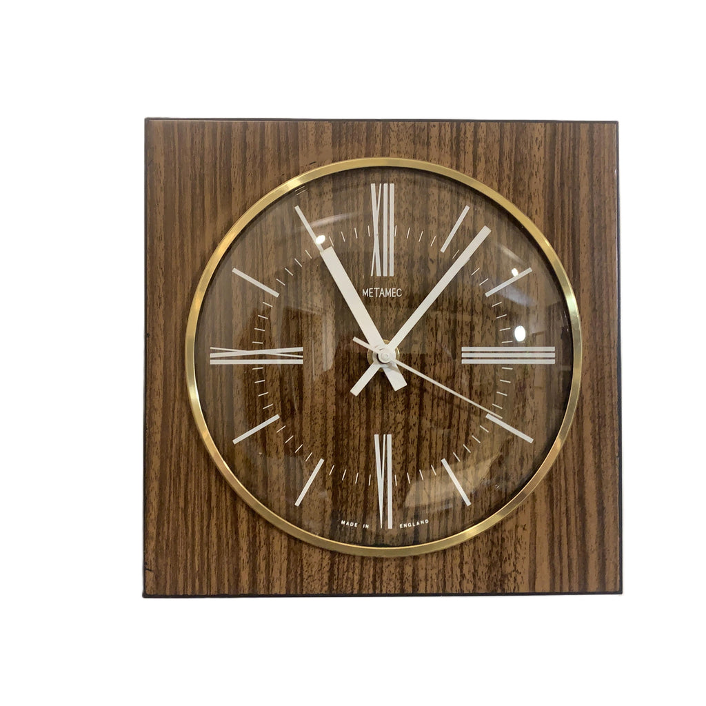 Metamec Wall Clock 618 Vintage 1977 Teak Brass Square English Quartz