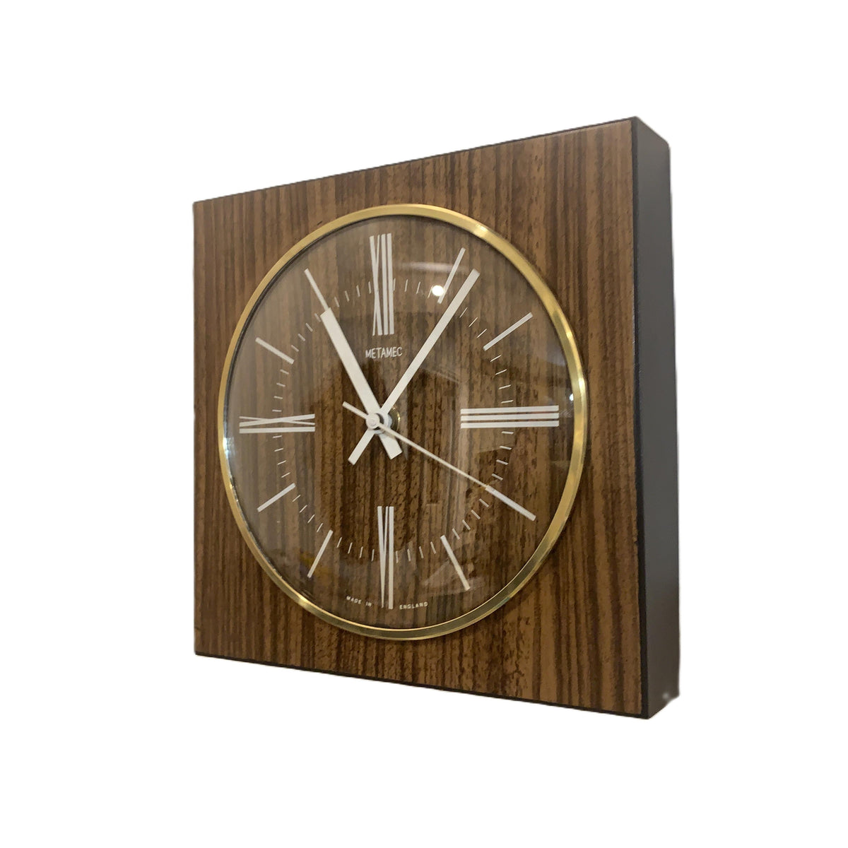 Metamec Wall Clock 618 Vintage 1977 Teak Brass Square English Quartz