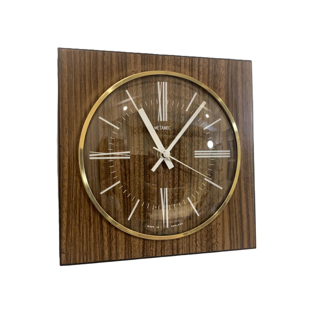 Metamec Wall Clock 618 Vintage 1977 Teak Brass Square English Quartz