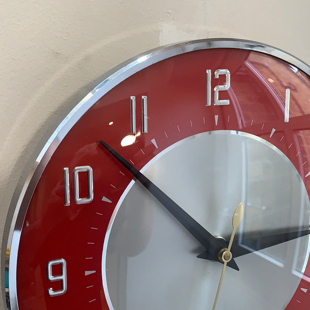 Metamec Wall Clock Model 5867 Red Silver Original 1960s Transistor Chrome