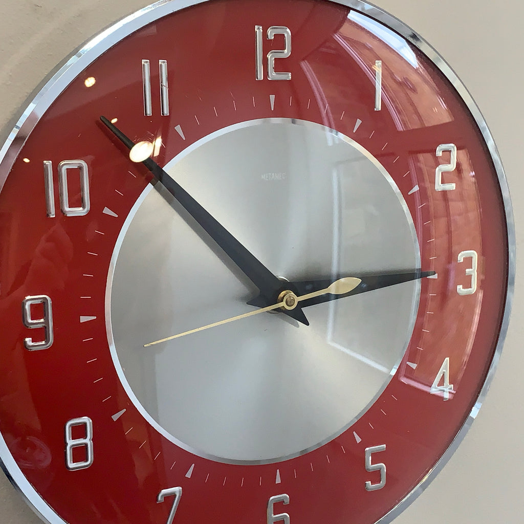 Metamec Wall Clock Model 5867 Red Silver Original 1960s Transistor Chrome