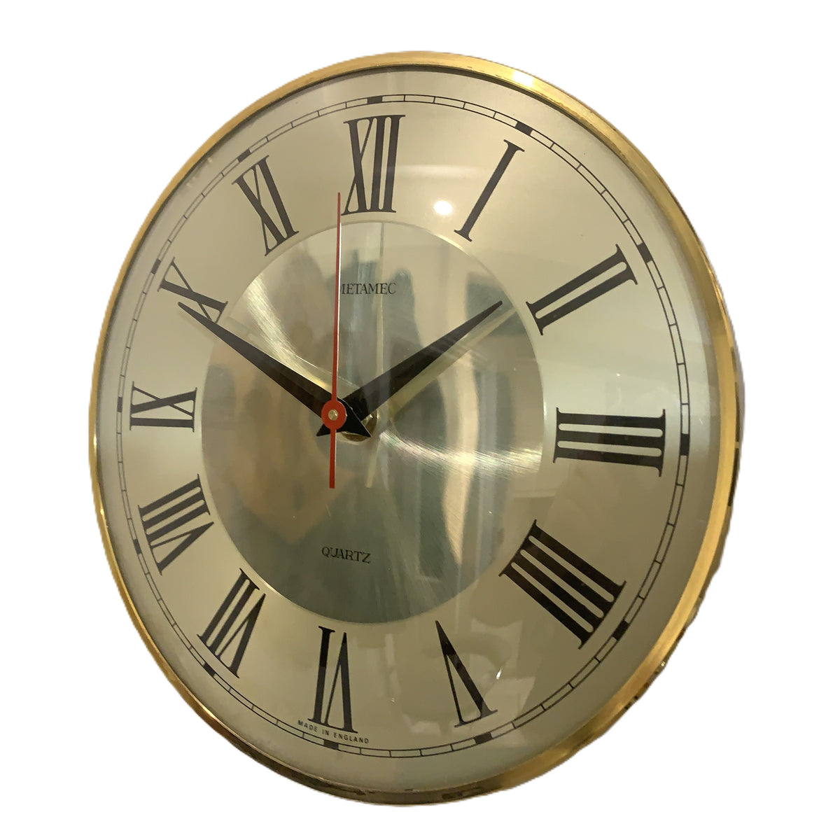 Metamec Wall Clock Silver Champagne Dial Silent Quartz Vintage Brass Bezel