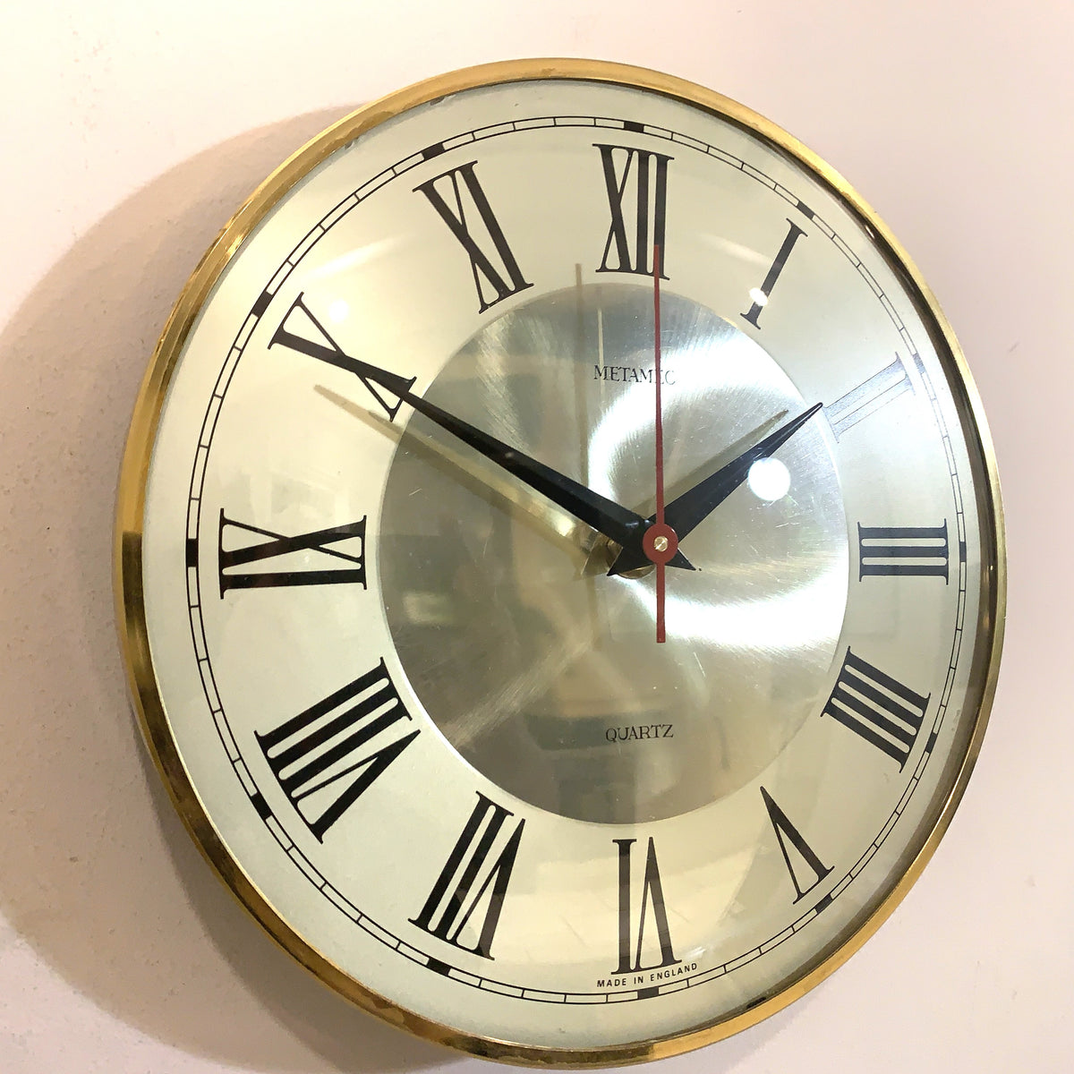 Metamec Wall Clock Silver Champagne Dial Silent Quartz Vintage Brass Bezel