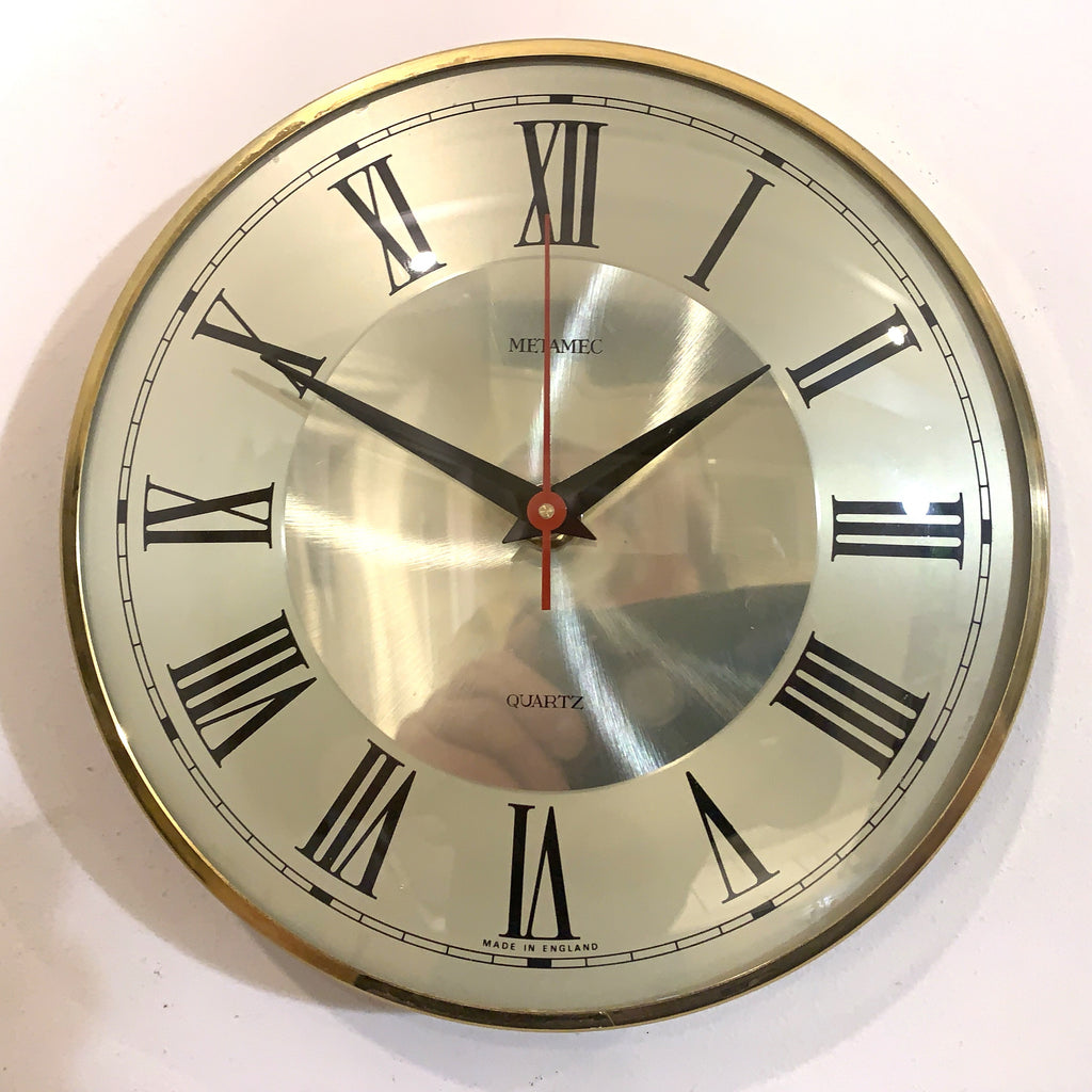 Metamec Wall Clock Silver Champagne Dial Silent Quartz Vintage Brass Bezel