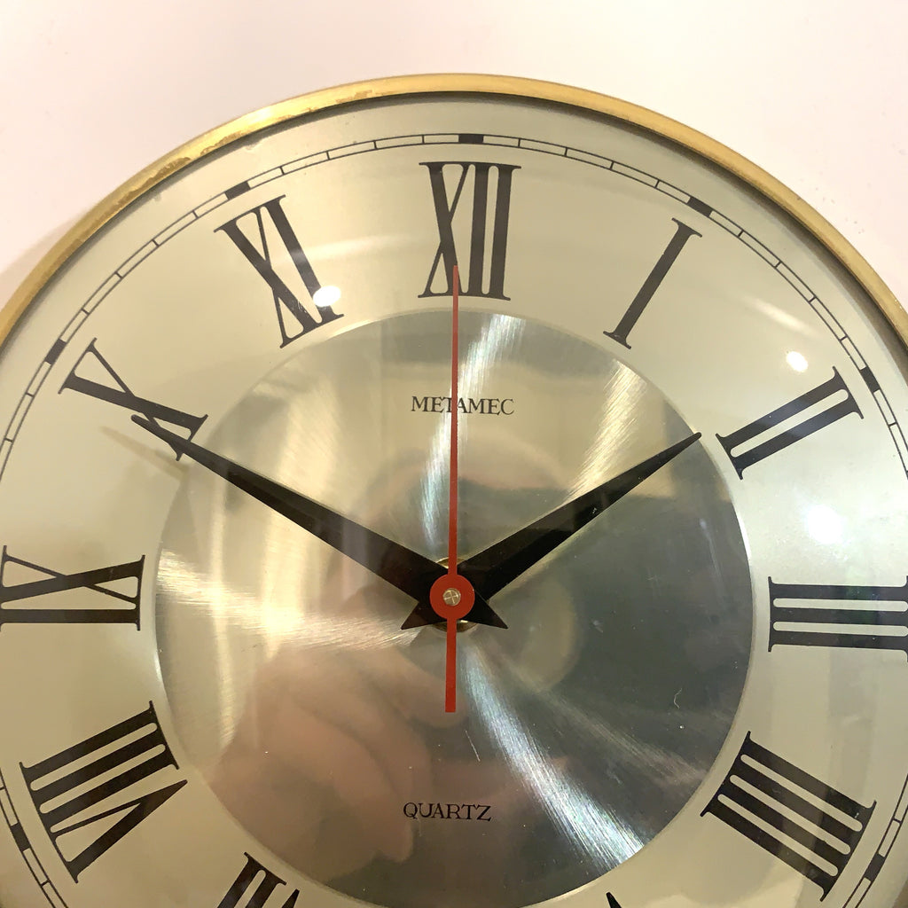 Metamec Wall Clock Silver Champagne Dial Silent Quartz Vintage Brass Bezel