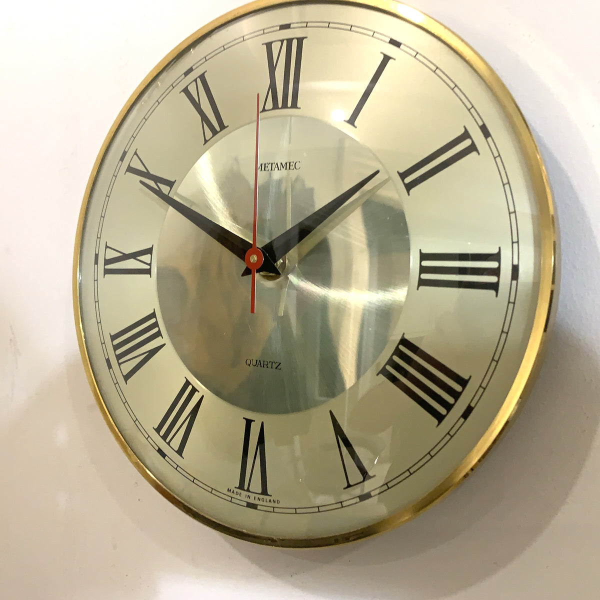 Metamec Wall Clock Silver Champagne Dial Silent Quartz Vintage Brass Bezel