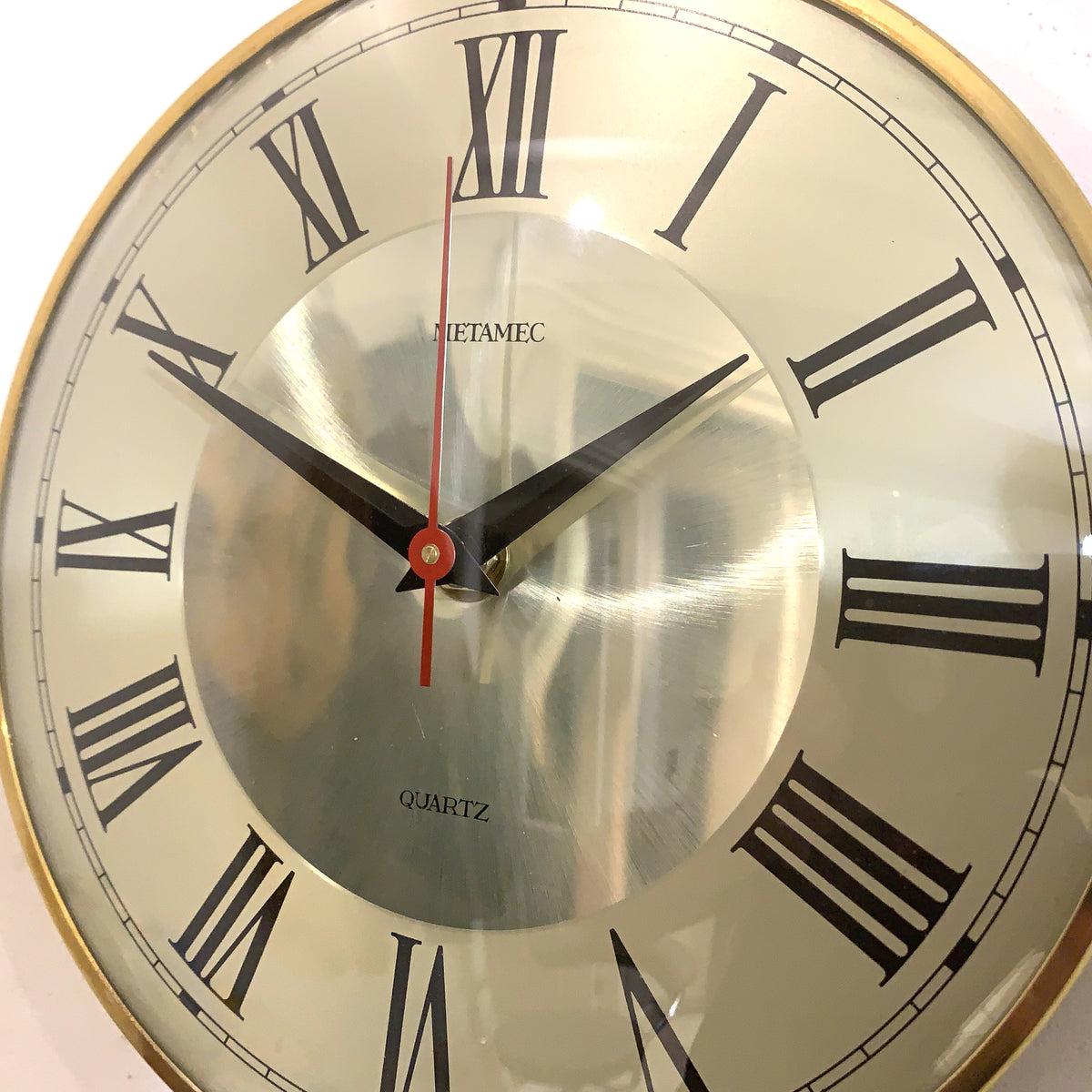 Metamec Wall Clock Silver Champagne Dial Silent Quartz Vintage Brass Bezel