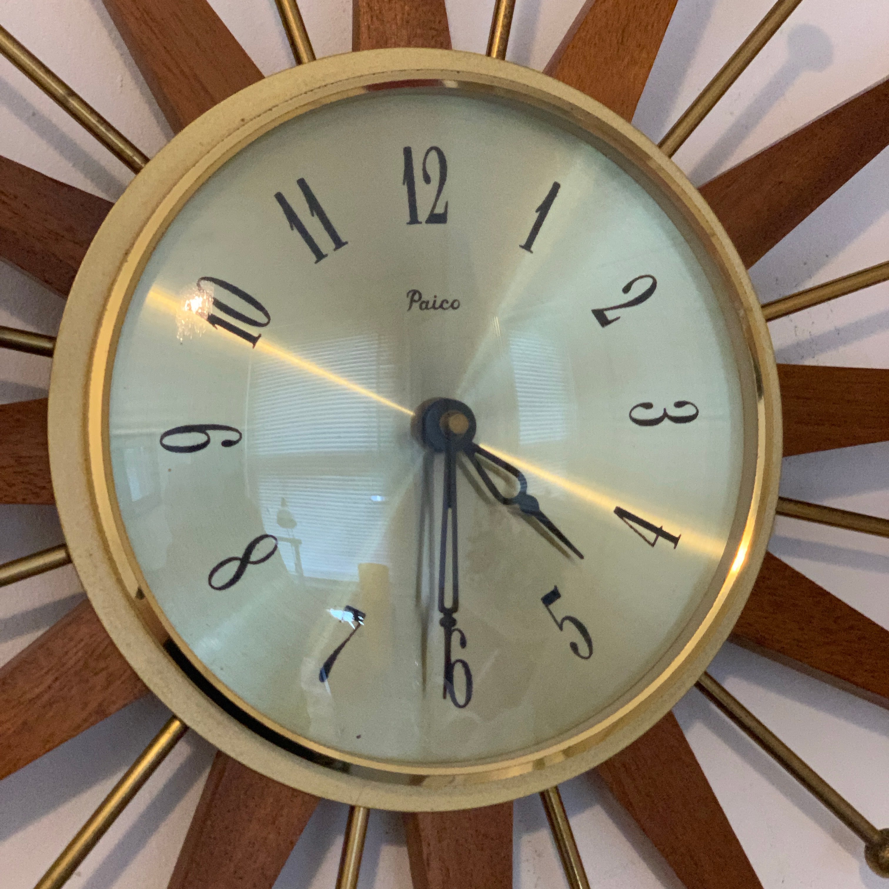 Paico London Starburst Wall Clock – 1960s Teak Brass Ball Tips Original Movement 15.75 Inch