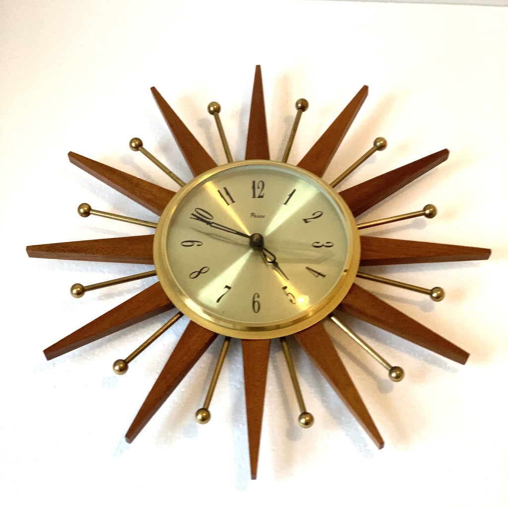 Paico London Starburst Wall Clock – 1960s Teak Brass Ball Tips Original Movement 15.75 Inch
