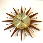 Paico London Starburst Wall Clock – 1960s Teak Brass Ball Tips Original Movement 15.75 Inch