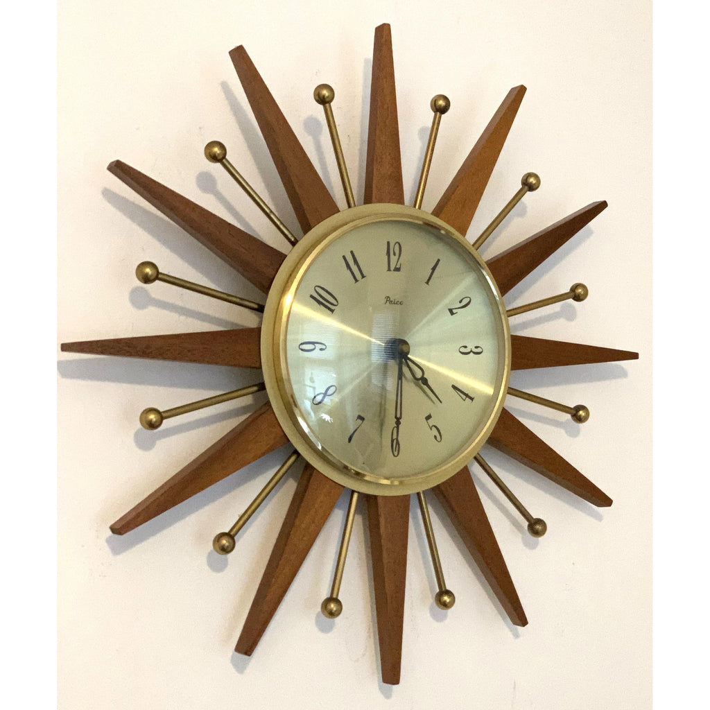 Paico London Starburst Wall Clock – 1960s Teak Brass Ball Tips Original Movement 15.75 Inch