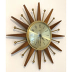 Paico London Starburst Wall Clock – 1960s Teak Brass Ball Tips Original Movement 15.75 Inch