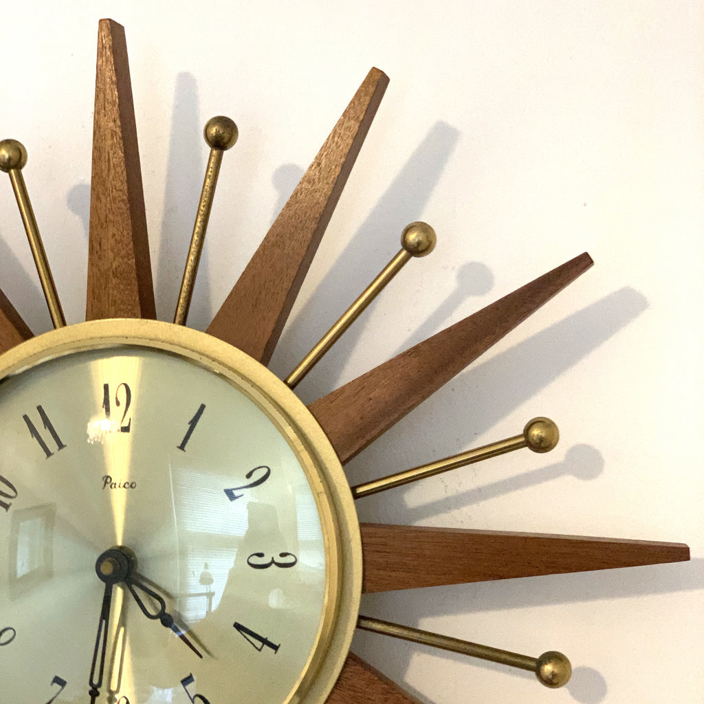 Paico London Starburst Wall Clock – 1960s Teak Brass Ball Tips Original Movement 15.75 Inch