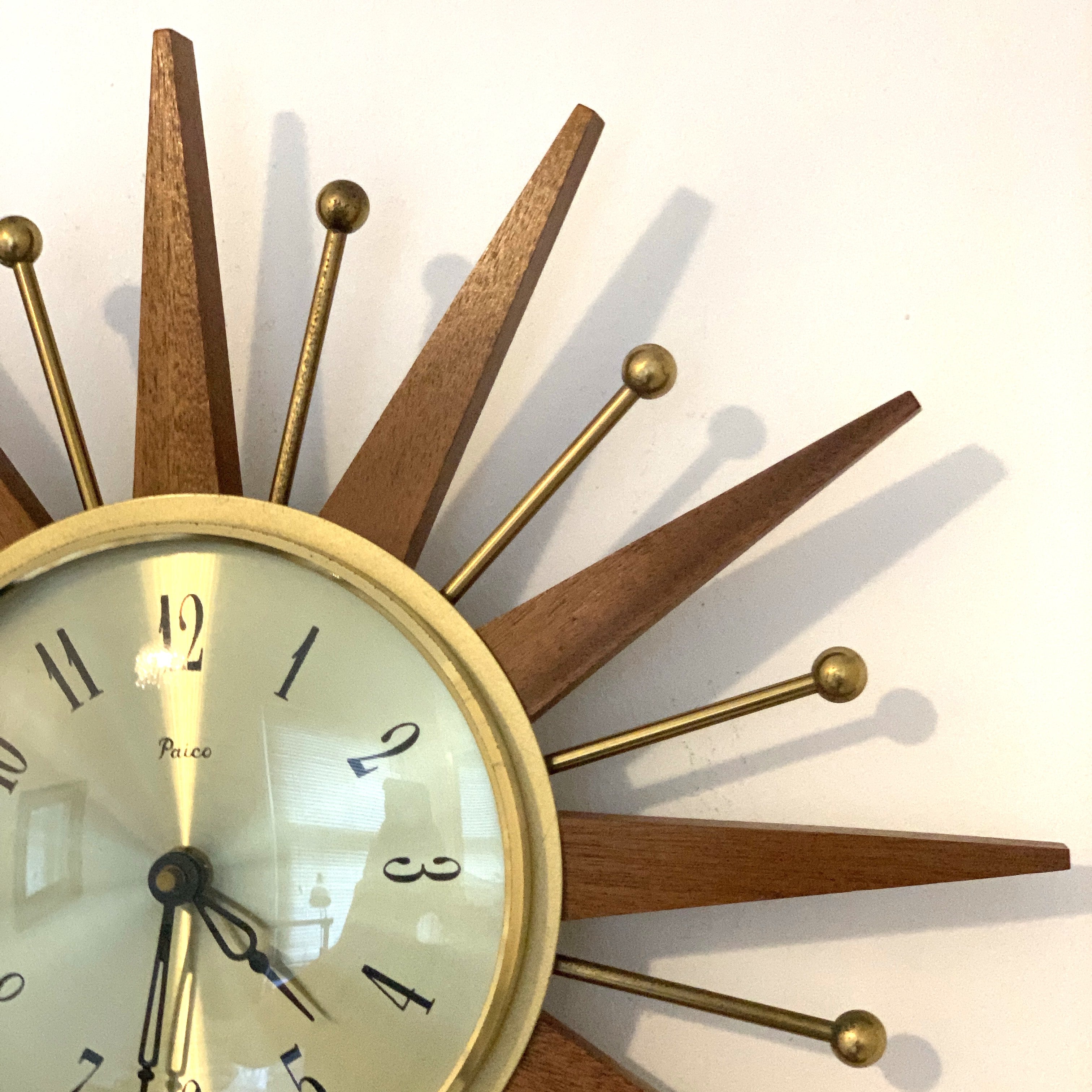 Paico London Starburst Wall Clock – 1960s Teak Brass Ball Tips Original Movement 15.75 Inch