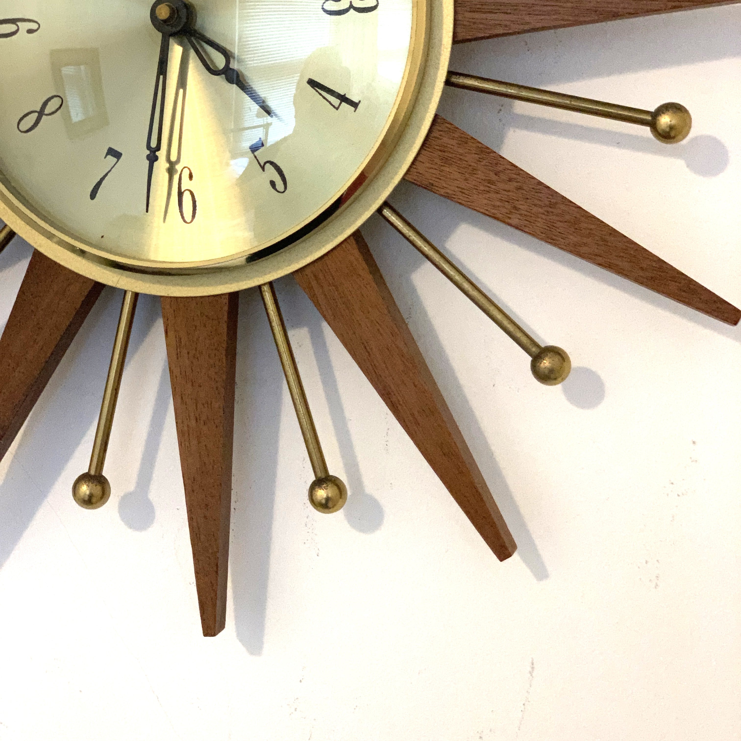 Paico London Starburst Wall Clock – 1960s Teak Brass Ball Tips Original Movement 15.75 Inch