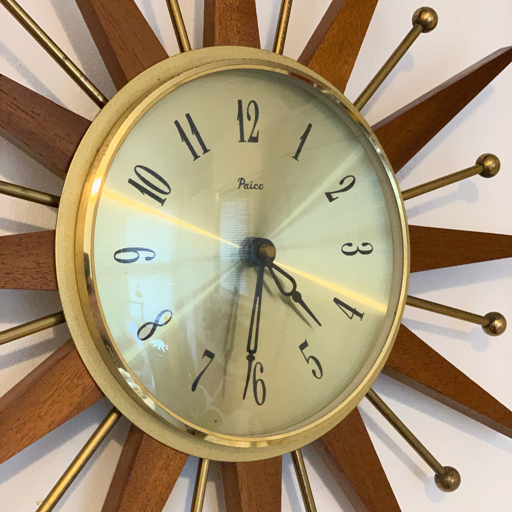 Paico London Starburst Wall Clock – 1960s Teak Brass Ball Tips Original Movement 15.75 Inch