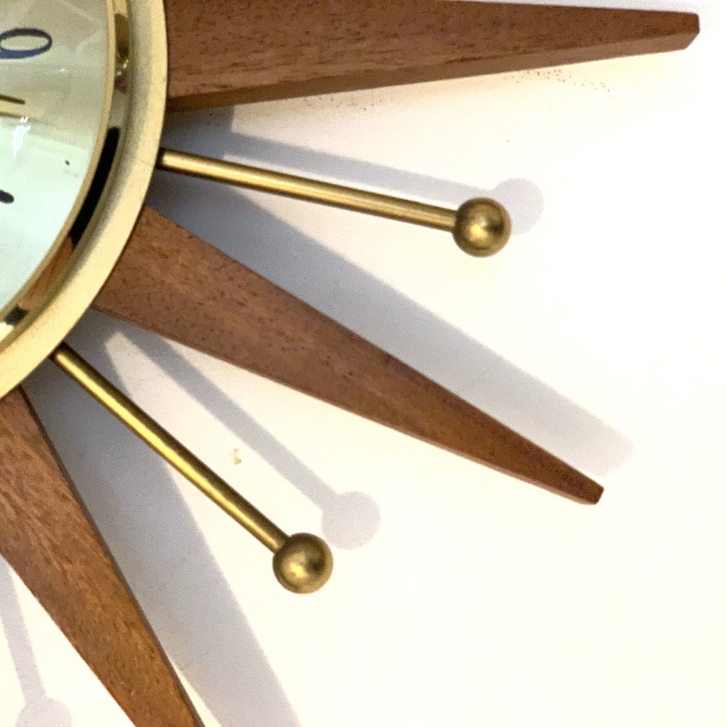 Paico London Starburst Wall Clock – 1960s Teak Brass Ball Tips Original Movement 15.75 Inch