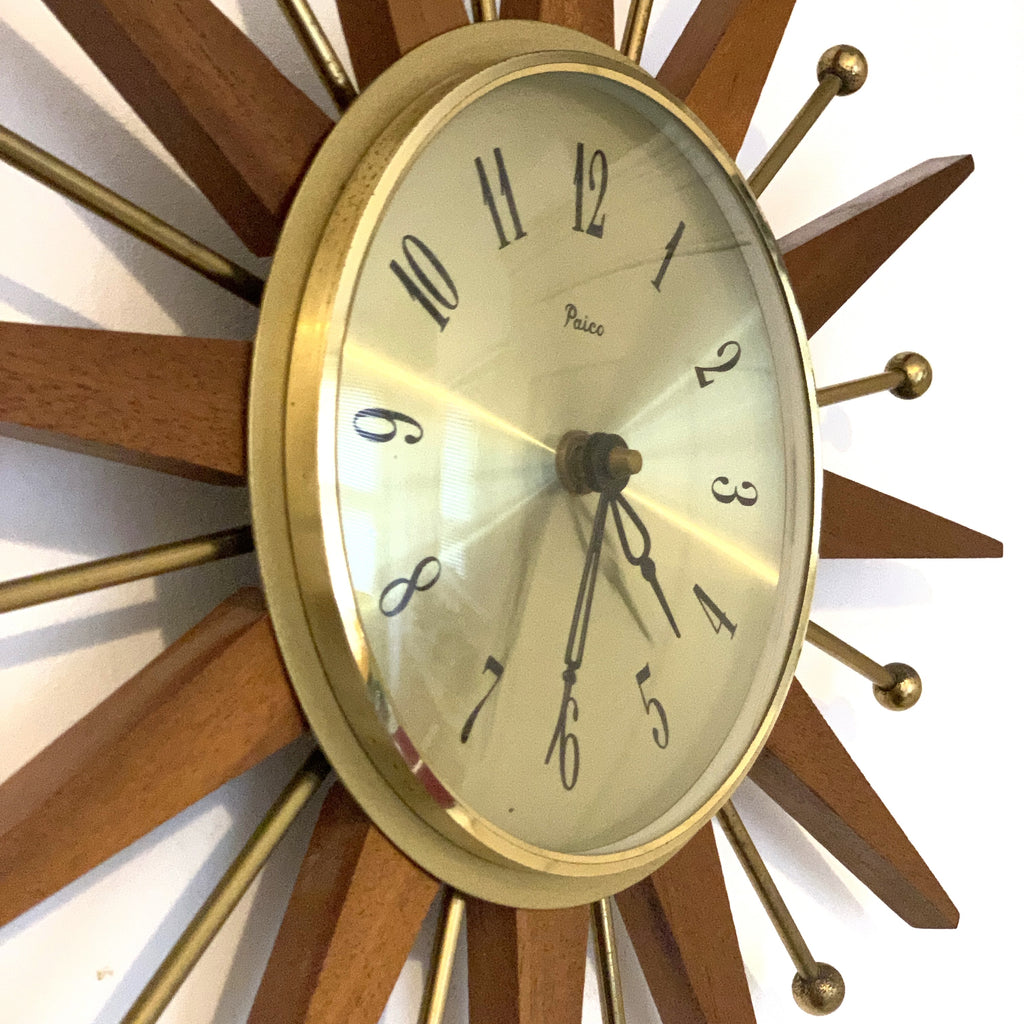 Paico London Starburst Wall Clock – 1960s Teak Brass Ball Tips Original Movement 15.75 Inch