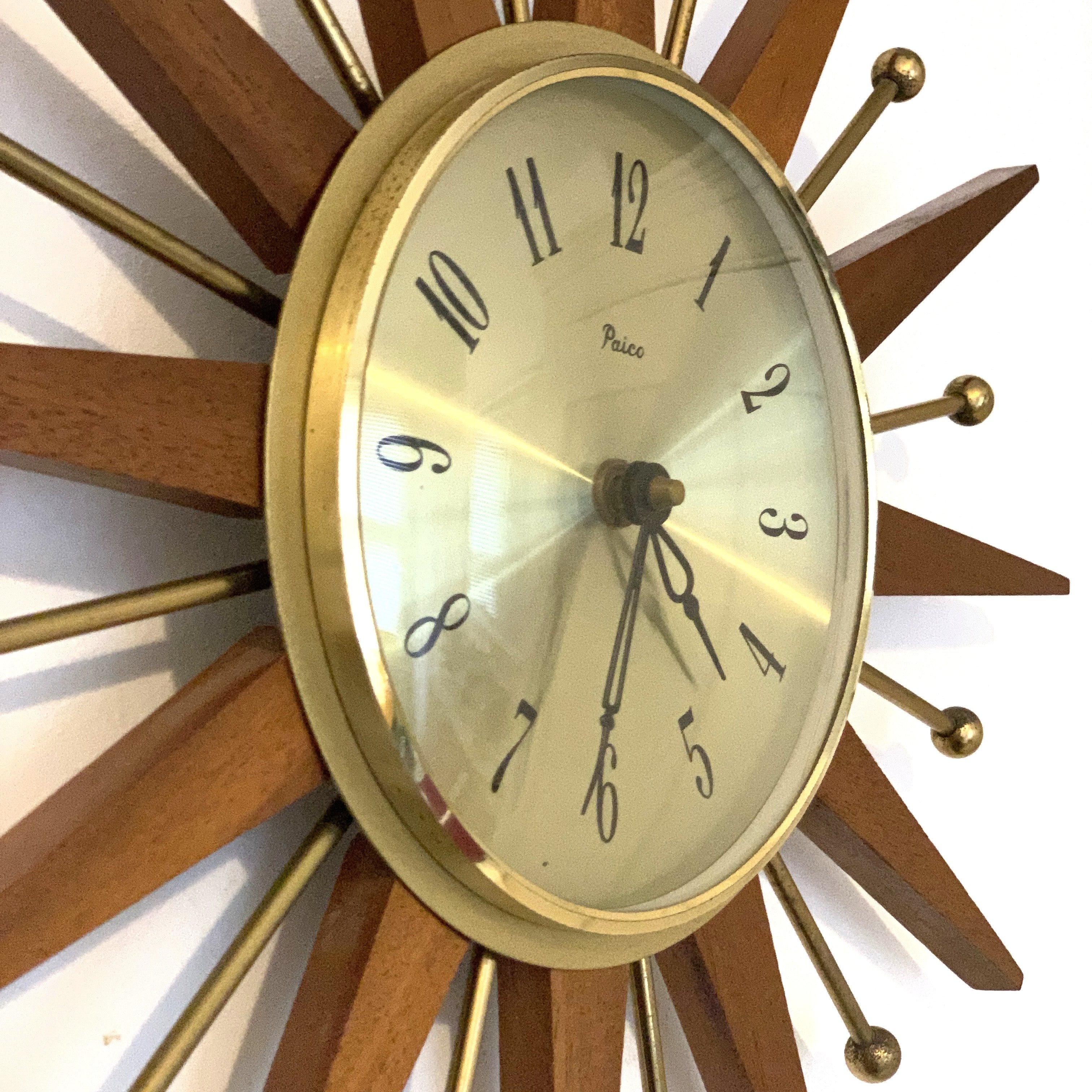 Paico London Starburst Wall Clock – 1960s Teak Brass Ball Tips Original Movement 15.75 Inch
