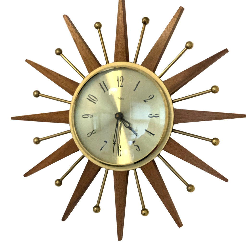 Paico London Starburst Wall Clock – 1960s Teak Brass Ball Tips Original Movement 15.75 Inch