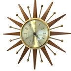 Paico London Starburst Wall Clock – 1960s Teak Brass Ball Tips Original Movement 15.75 Inch