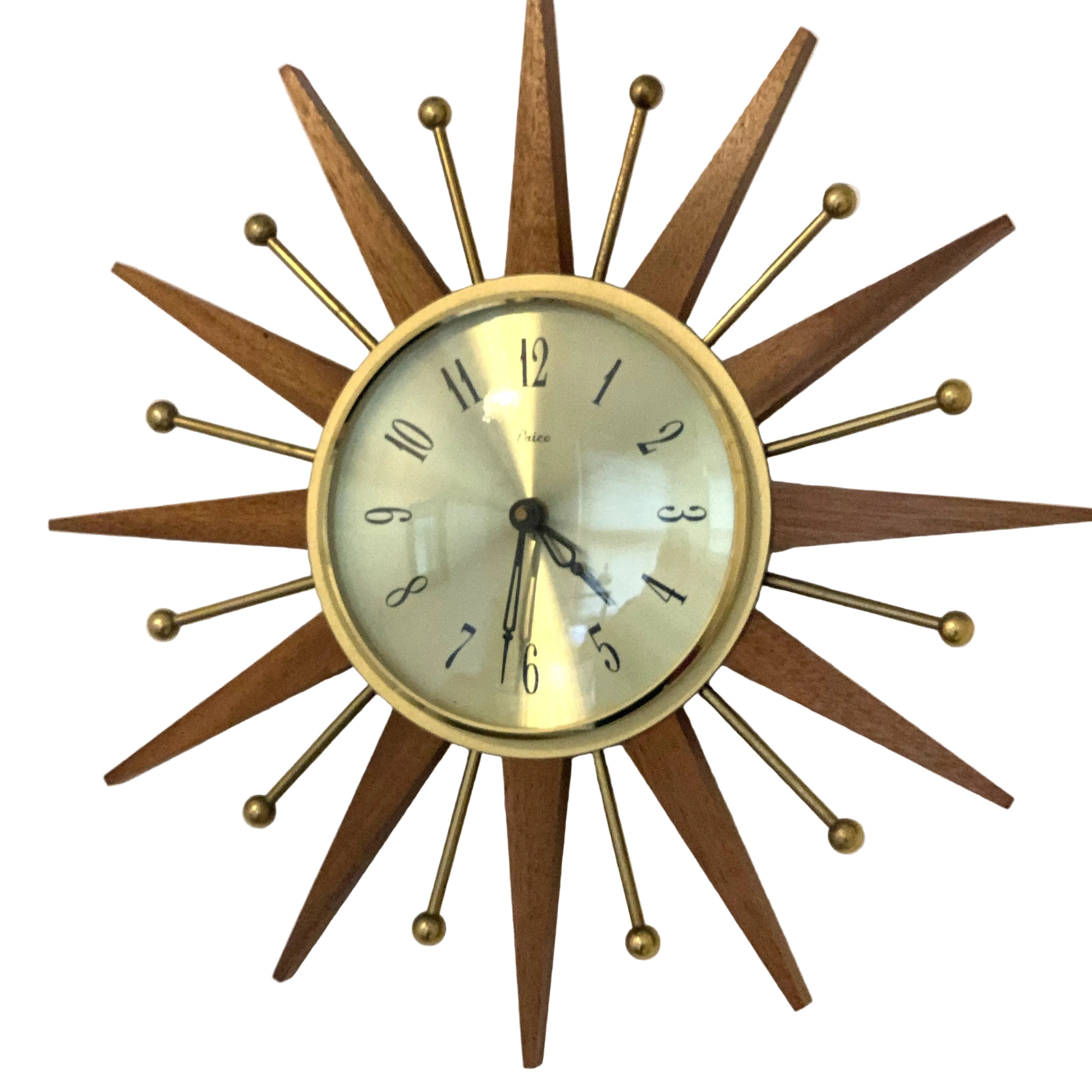 Paico London Starburst Wall Clock – 1960s Teak Brass Ball Tips Original Movement 15.75 Inch