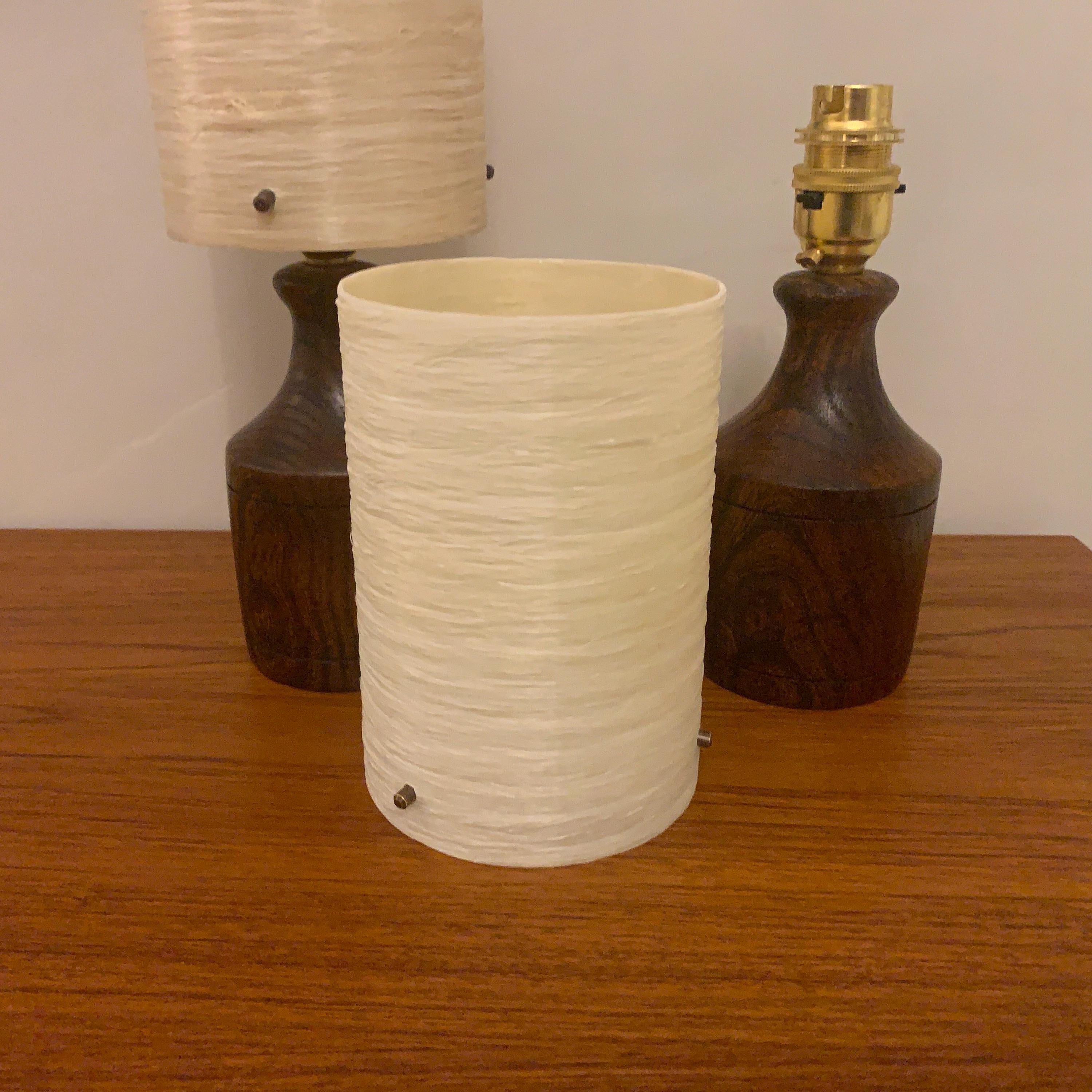 Pair Oak Table Lamps, 1960s, Original Fibreglass Shades, Rewired, Mid Century Modern
