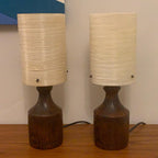 Pair Oak Table Lamps, 1960s, Original Fibreglass Shades, Rewired, Mid Century Modern