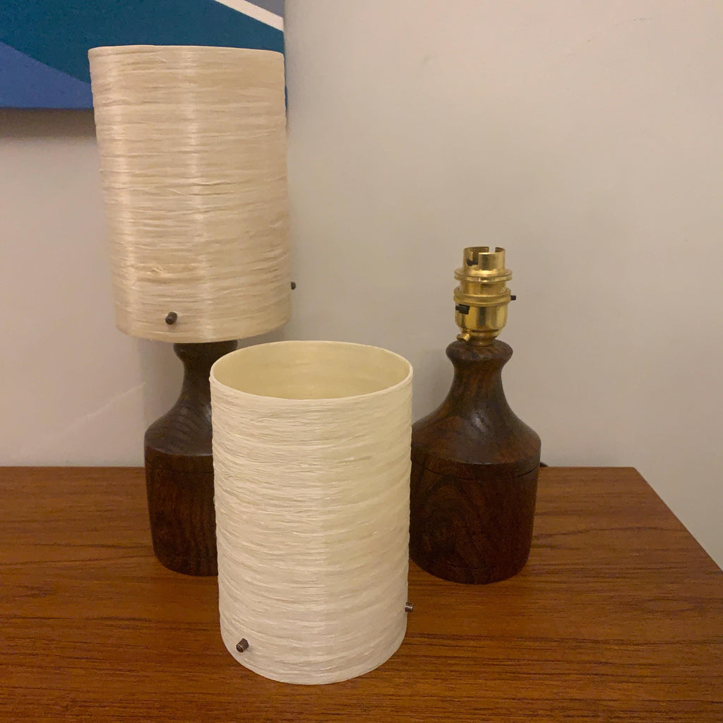 Pair Oak Table Lamps, 1960s, Original Fibreglass Shades, Rewired, Mid Century Modern