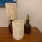 Pair Oak Table Lamps, 1960s, Original Fibreglass Shades, Rewired, Mid Century Modern