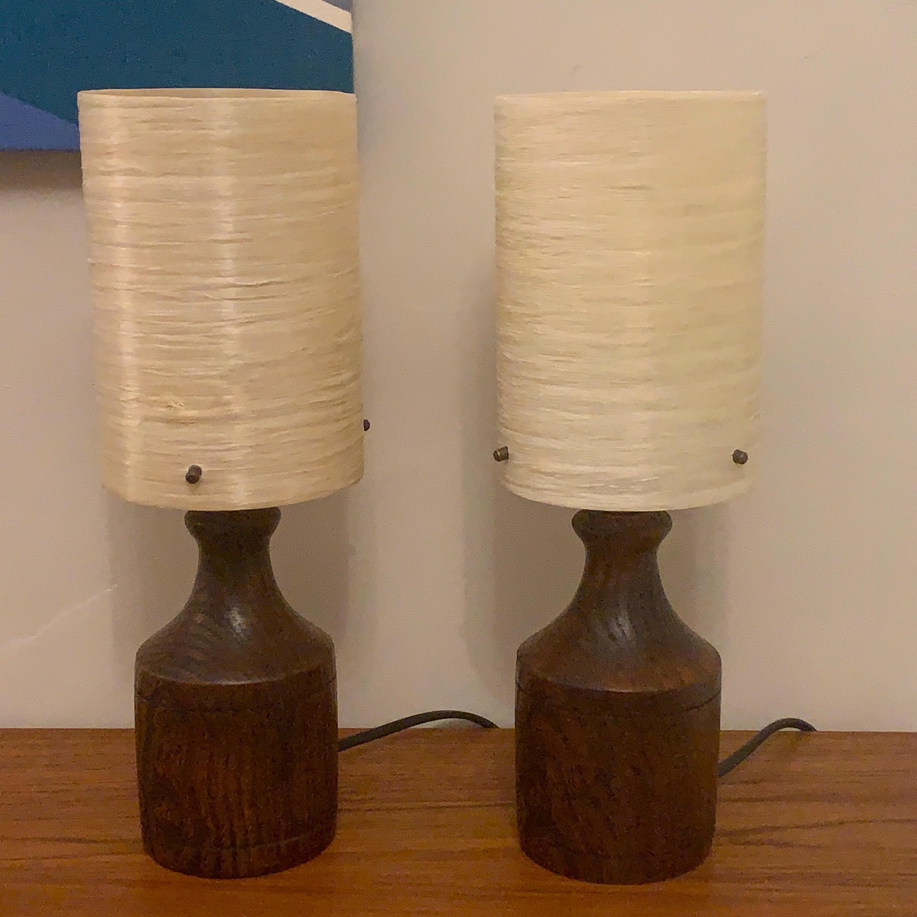 Pair Oak Table Lamps, 1960s, Original Fibreglass Shades, Rewired, Mid Century Modern