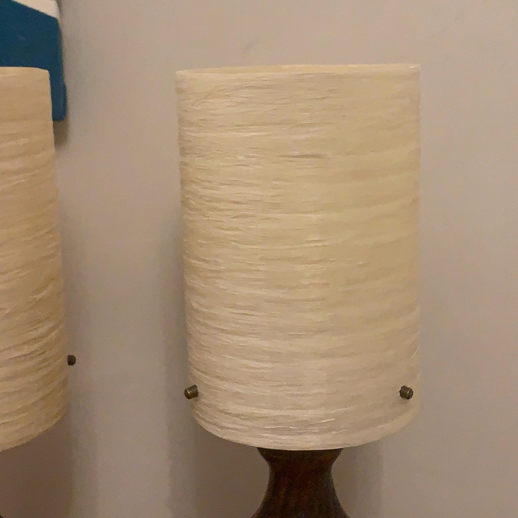 Pair Oak Table Lamps, 1960s, Original Fibreglass Shades, Rewired, Mid Century Modern
