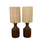 Pair Oak Table Lamps, 1960s, Original Fibreglass Shades, Rewired, Mid Century Modern