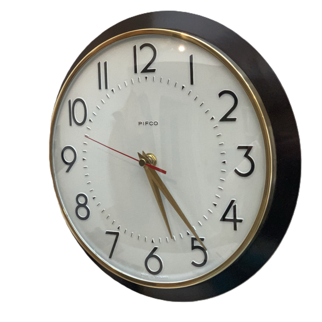 Pifco Metamec Bakelite Wall Clock, 1960s, Brown, Brass Bezel, Gold and Red Hands, England