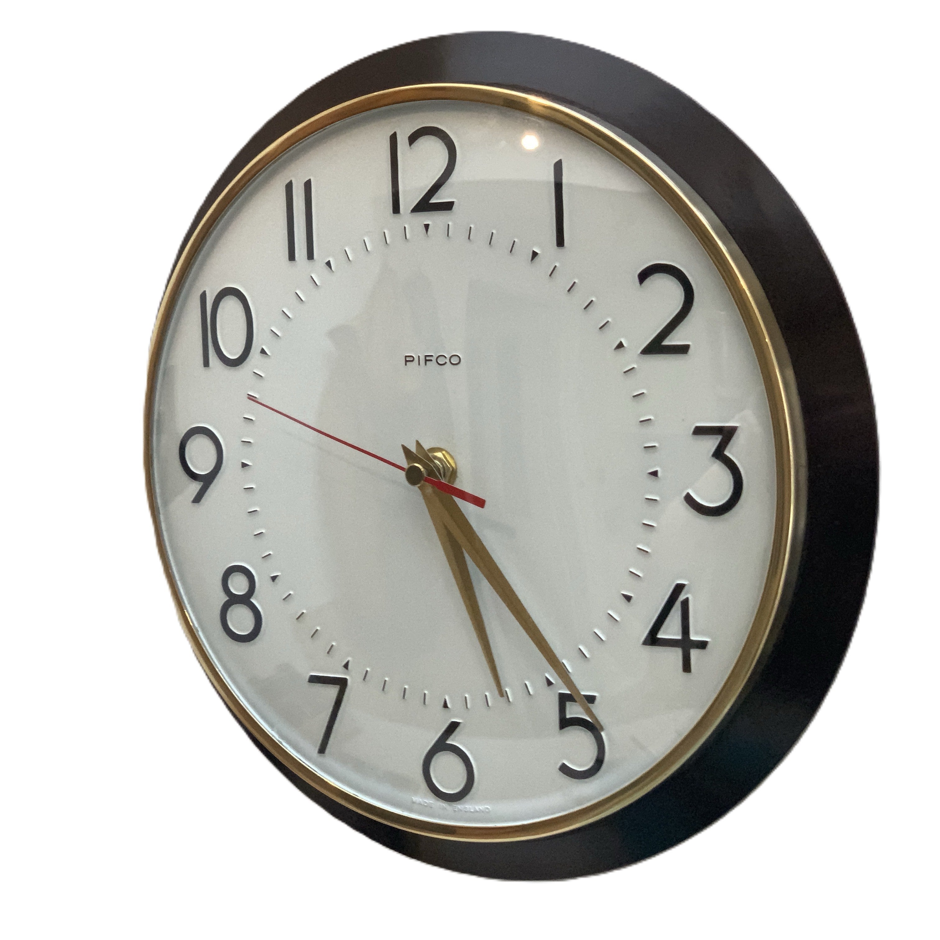 Pifco Metamec Bakelite Wall Clock, 1960s, Brown, Brass Bezel, Gold and Red Hands, England