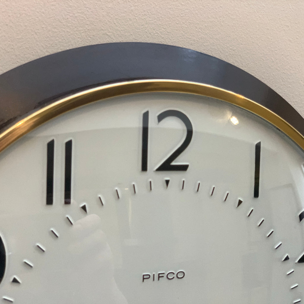 Pifco Metamec Bakelite Wall Clock, 1960s, Brown, Brass Bezel, Gold and Red Hands, England