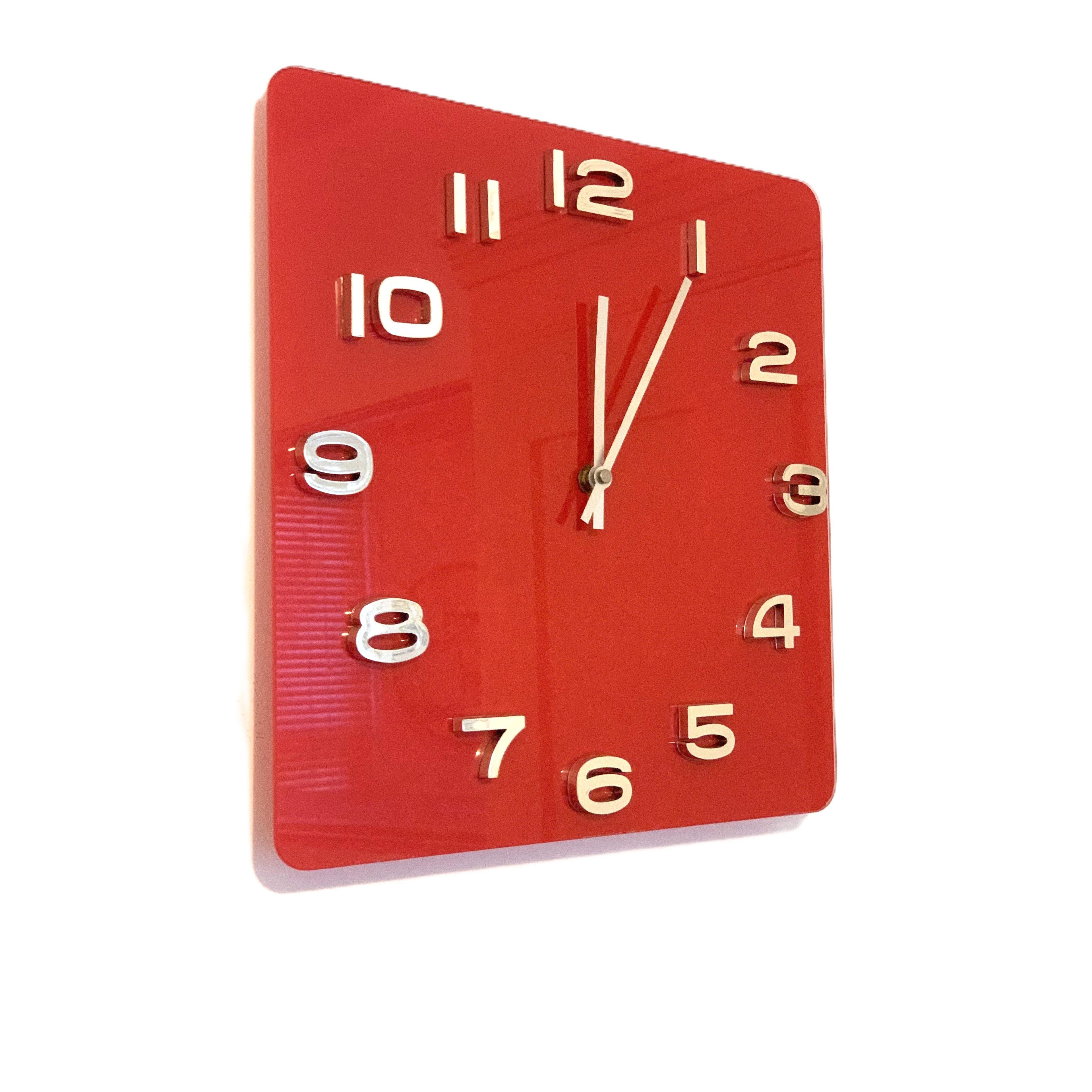 Red Glass Square Wall Clock – Retro 1970s Style Bold Red Chrome Numerals 14 Inch Quartz