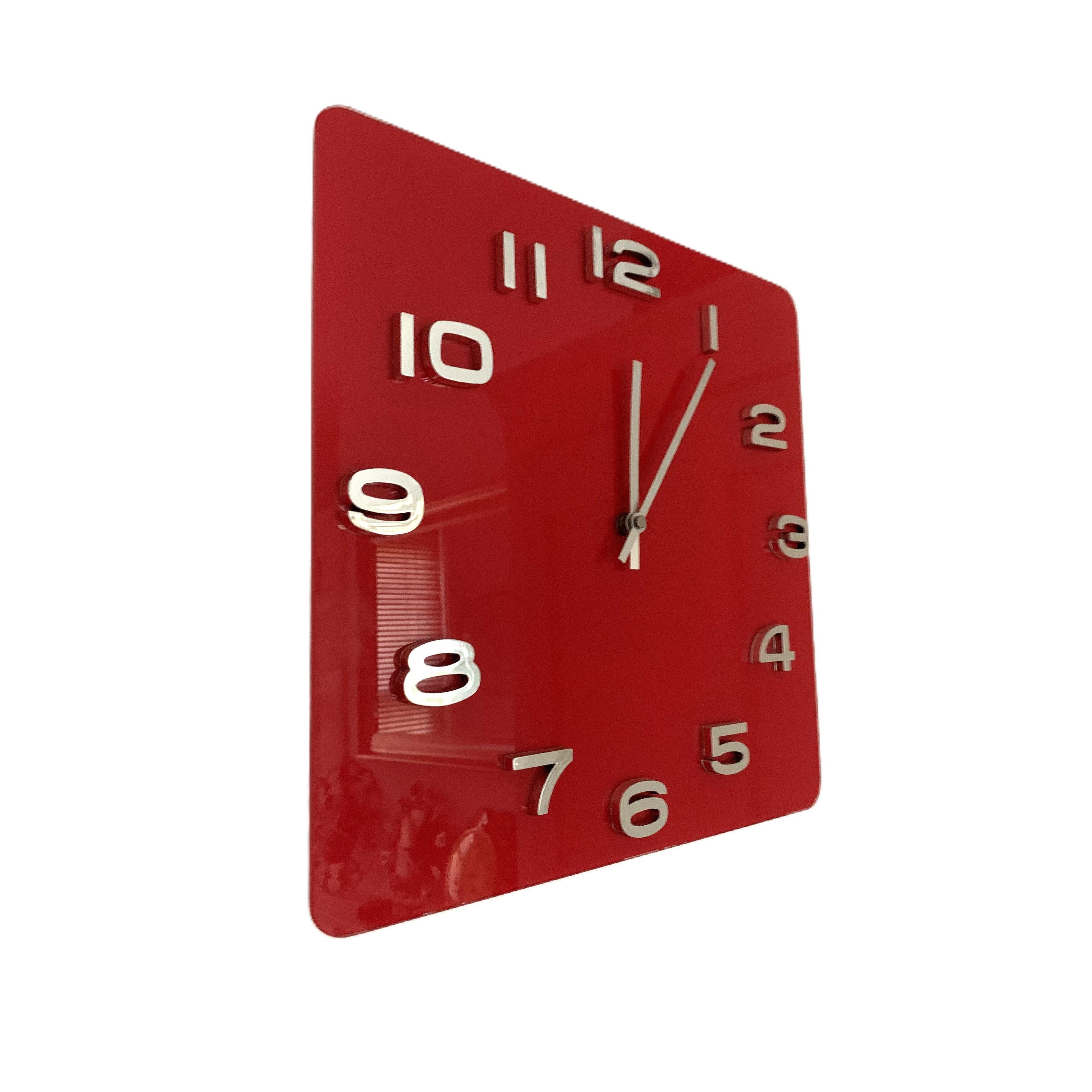 Red Glass Square Wall Clock – Retro 1970s Style Bold Red Chrome Numerals 14 Inch Quartz