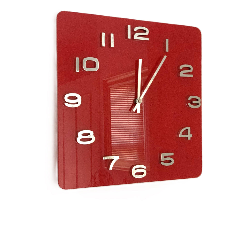 Red Glass Square Wall Clock – Retro 1970s Style Bold Red Chrome Numerals 14 Inch Quartz
