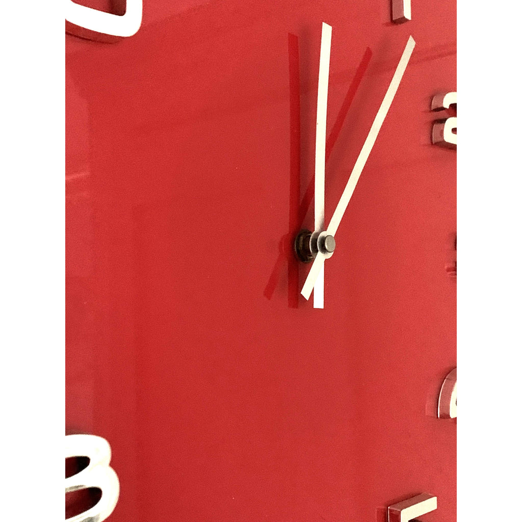 Red Glass Square Wall Clock – Retro 1970s Style Bold Red Chrome Numerals 14 Inch Quartz