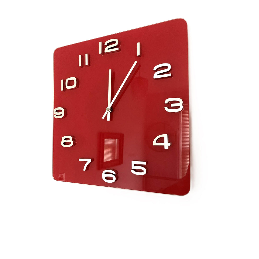 Red Glass Square Wall Clock – Retro 1970s Style Bold Red Chrome Numerals 14 Inch Quartz