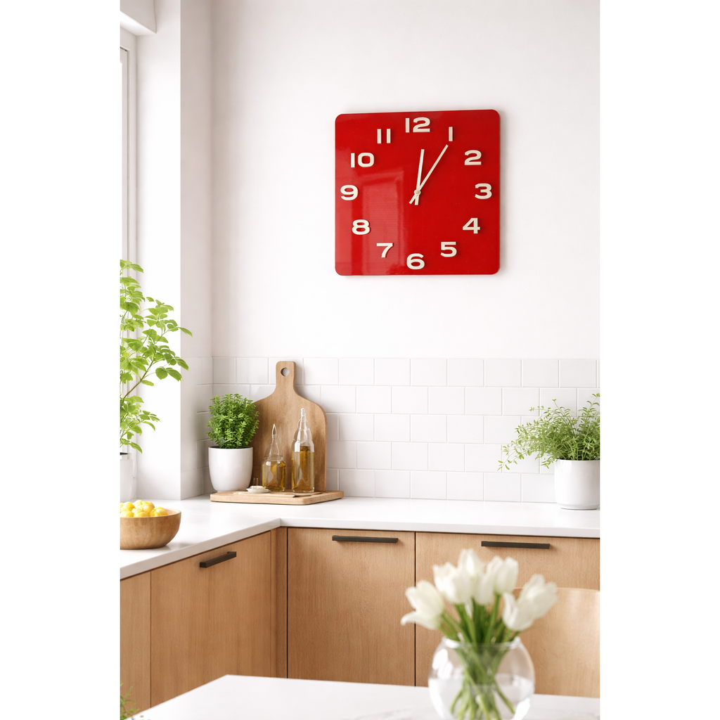 Red Glass Square Wall Clock – Retro 1970s Style Bold Red Chrome Numerals 14 Inch Quartz