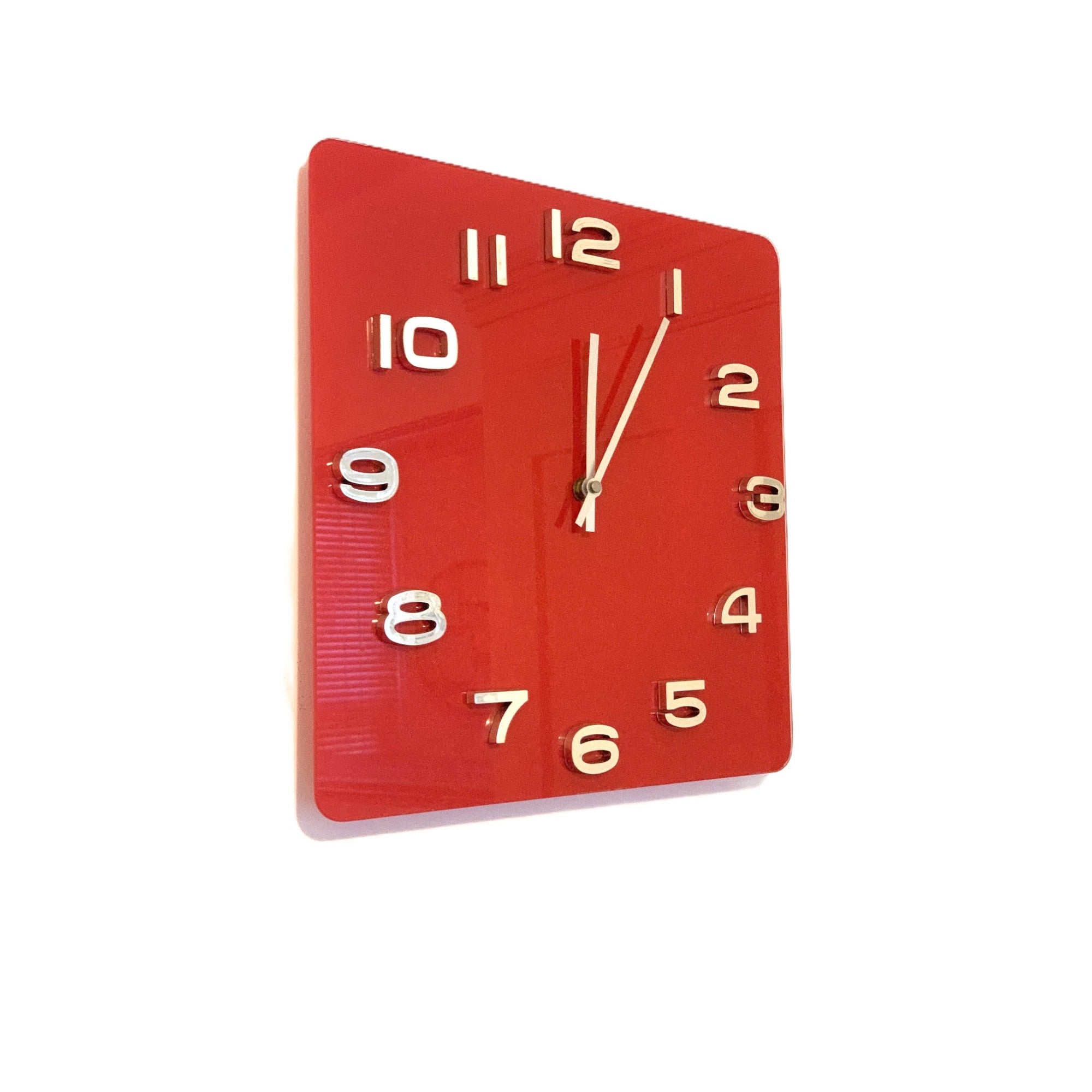 Red Glass Square Wall Clock – Retro 1970s Style Bold Red Chrome Numerals 14 Inch Quartz