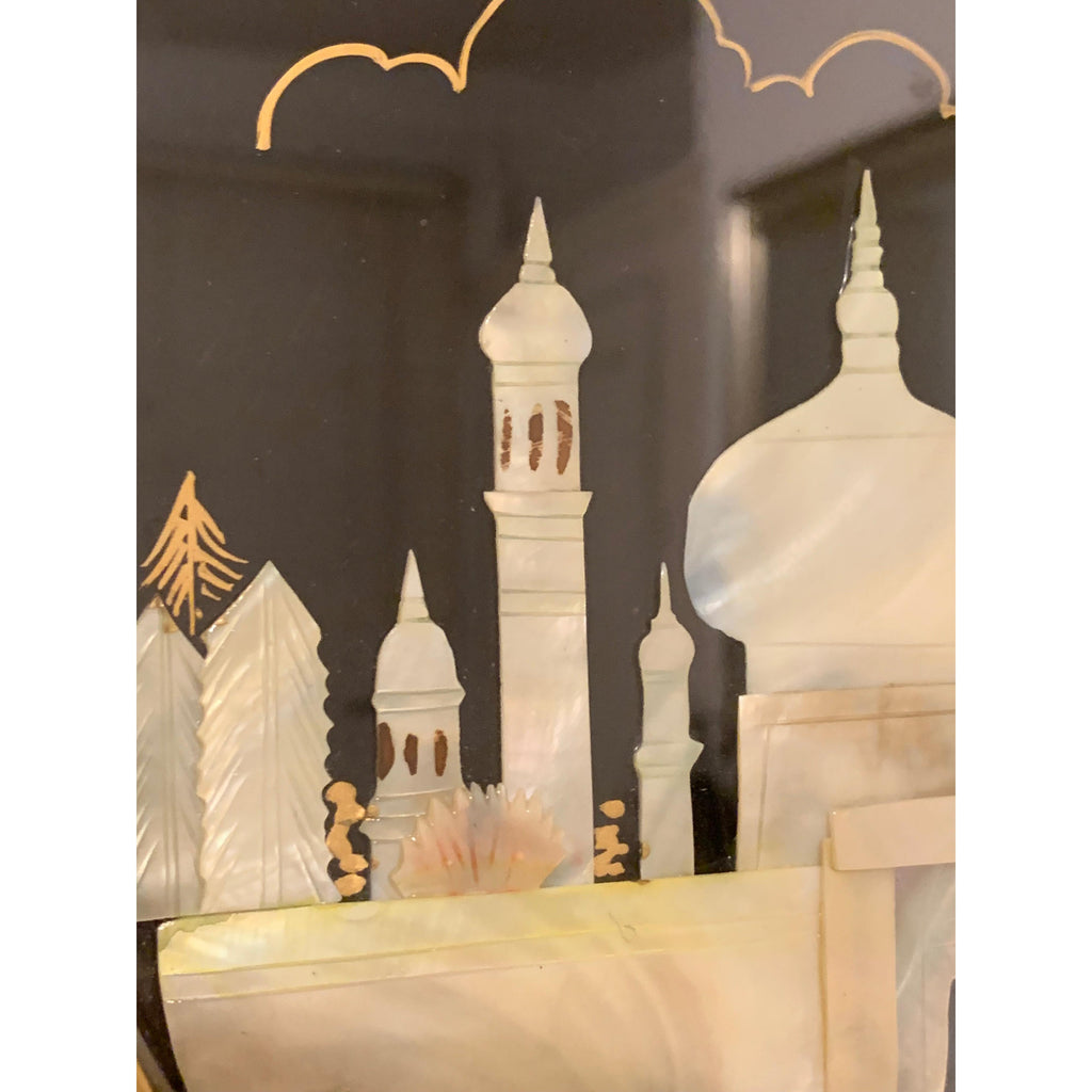 Rhythm Japan Black Lacquer Wall Clock – Mother of Pearl Mosque Scene 11¾ Inch New Quartz Perfect