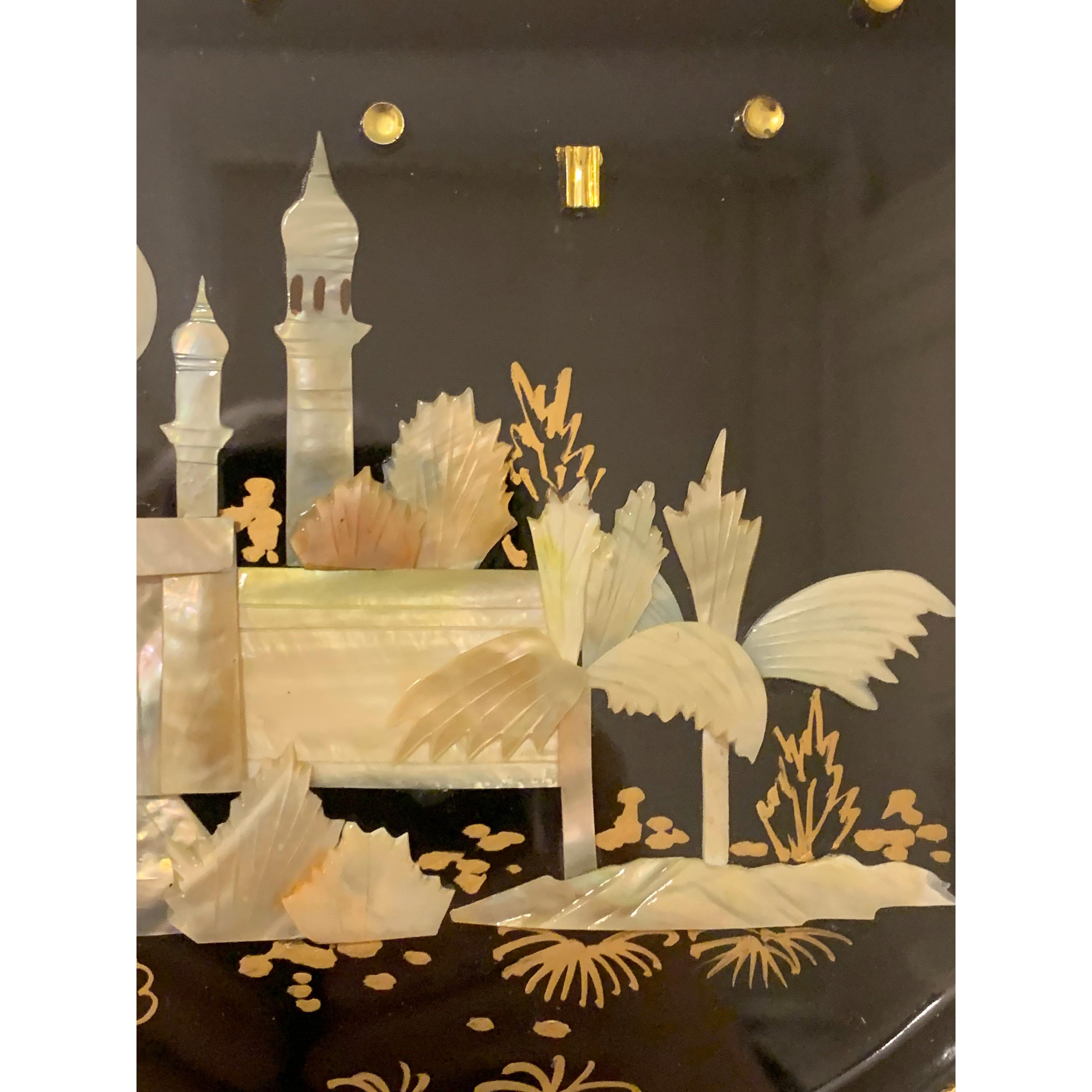 Rhythm Japan Black Lacquer Wall Clock – Mother of Pearl Mosque Scene 11¾ Inch New Quartz Perfect