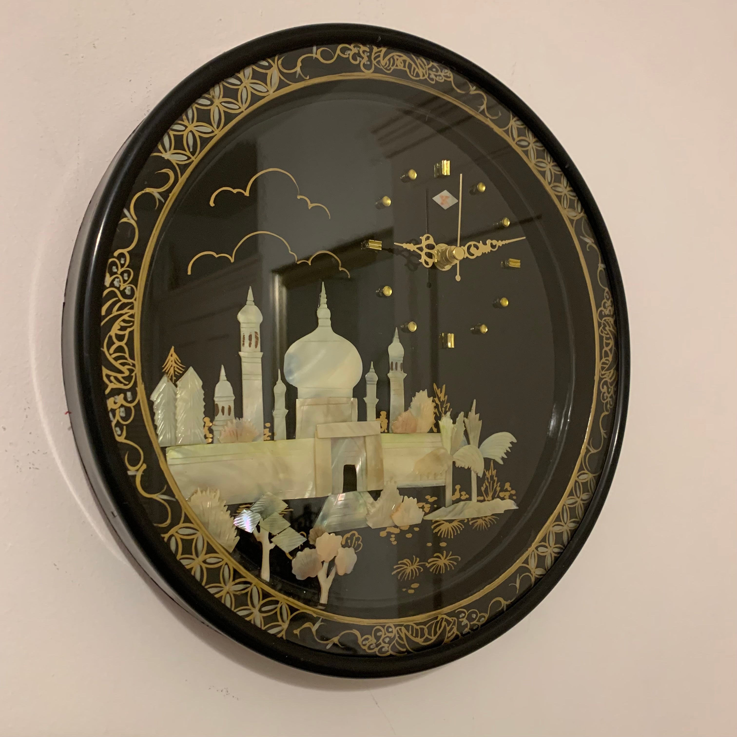 Rhythm Japan Black Lacquer Wall Clock – Mother of Pearl Mosque Scene 11¾ Inch New Quartz Perfect