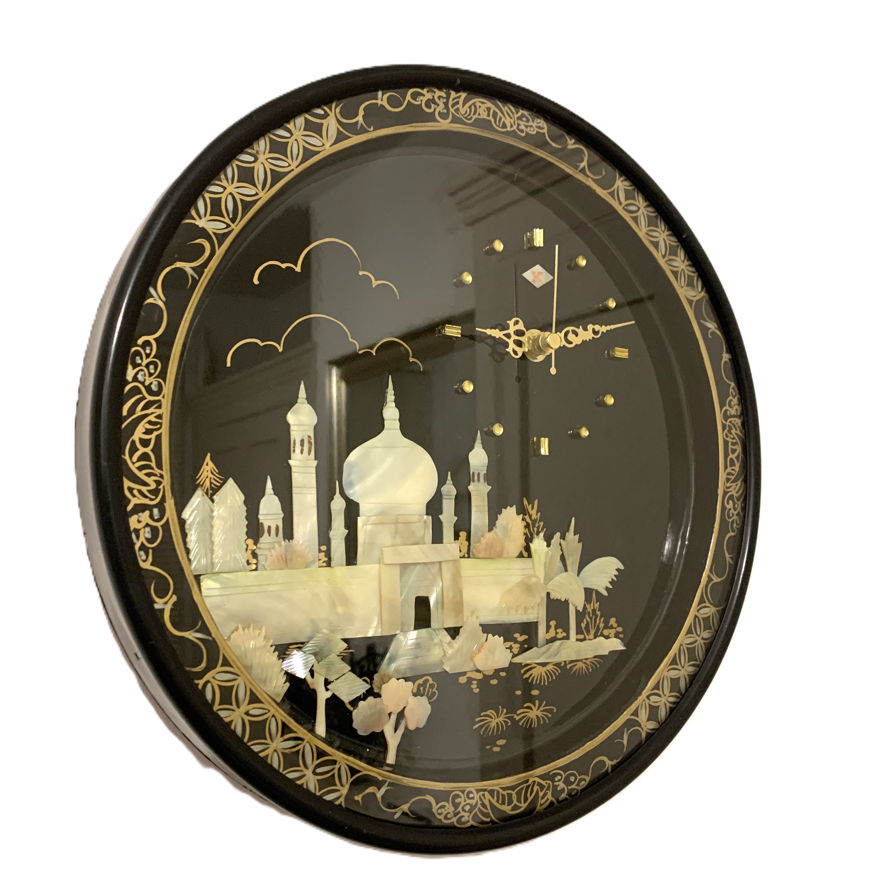 Rhythm Japan Black Lacquer Wall Clock – Mother of Pearl Mosque Scene 11¾ Inch New Quartz Perfect